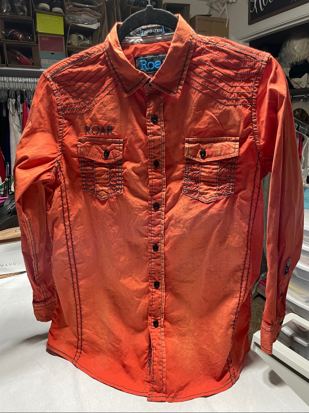 ROAR Signature Acid Wash Size Large L Mens Orange Button Down Embroidered Shirt